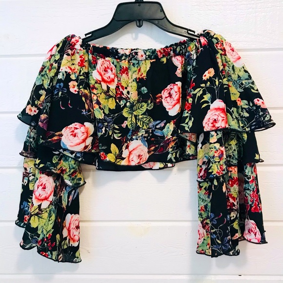 - LF Black Floral Ruffle Crop Top - Picture 1 of 9